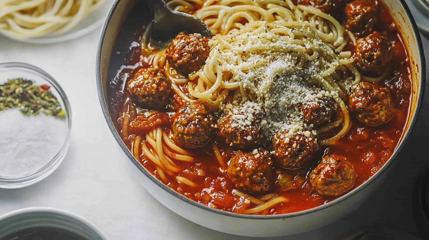 spaghetti and meatballs in a dutch oven​