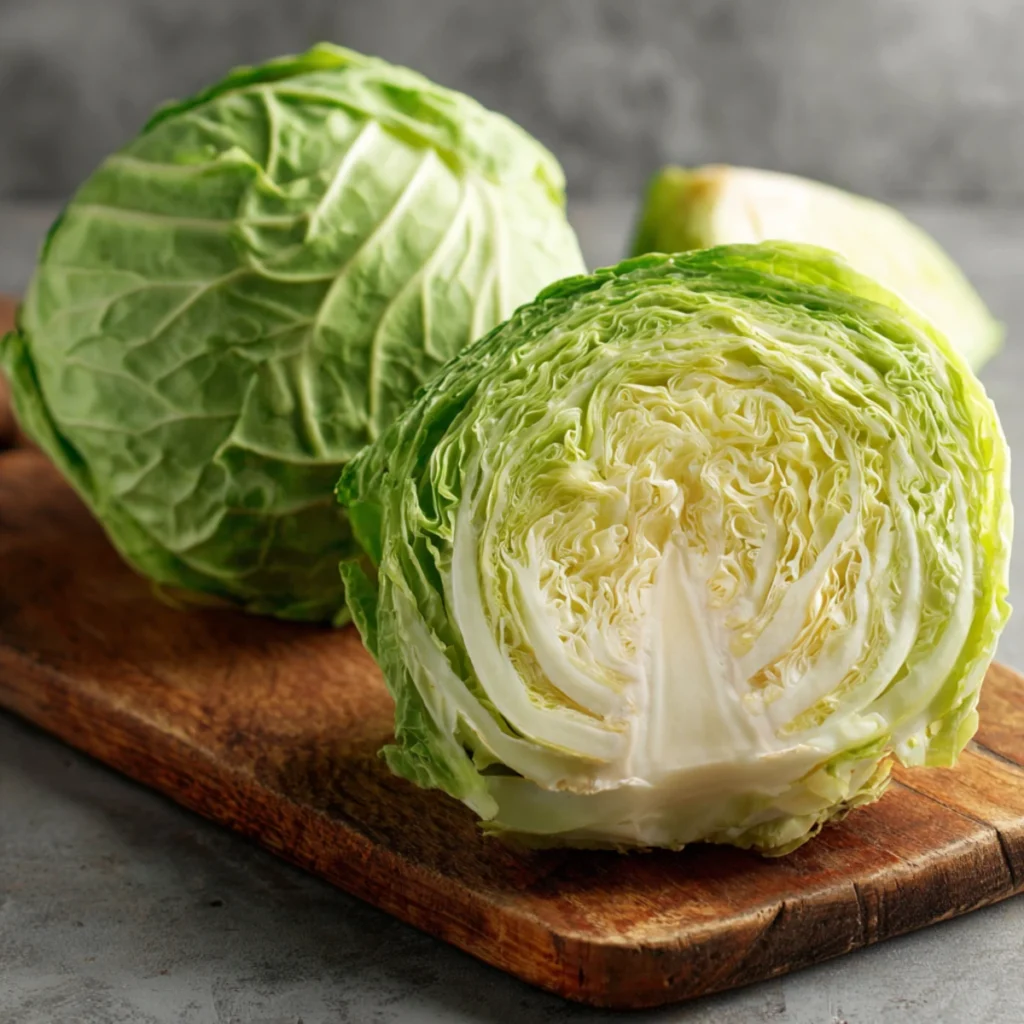 How to cook cabbage in a crock pot 2 Fresh green cabbage halved on a wooden cutting board, ready for slow cooking