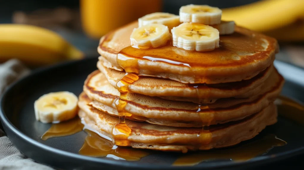 A stack of peanut butter banana pancakes topped with sliced bananas and drizzled with maple syrup, served on a black plate.