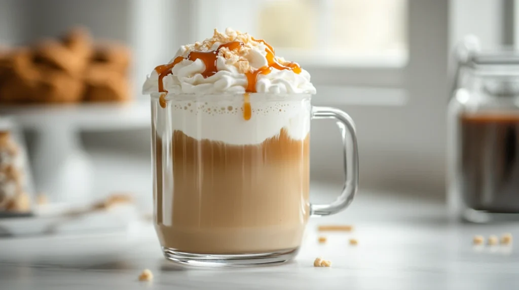 A creamy cookie butter latte in a clear glass mug, topped with whipped cream, caramel drizzle, and crushed cookie crumbs, sitting on a white countertop.