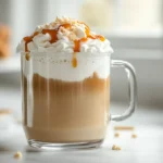 A creamy cookie butter latte in a clear glass mug, topped with whipped cream, caramel drizzle, and crushed cookie crumbs, sitting on a white countertop.