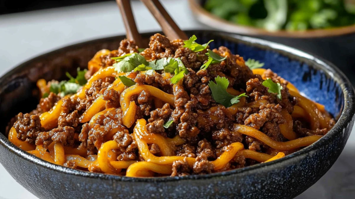 A close-up of Mongolian ground beef noodles in a dark ceramic bowl, topped with fresh cilantro and coated in a glossy sweet-savory sauce.