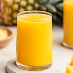 A glass of fresh pineapple ginger juice with vibrant yellow color, placed on a white coaster, surrounded by fresh pineapple slices and ginger root.