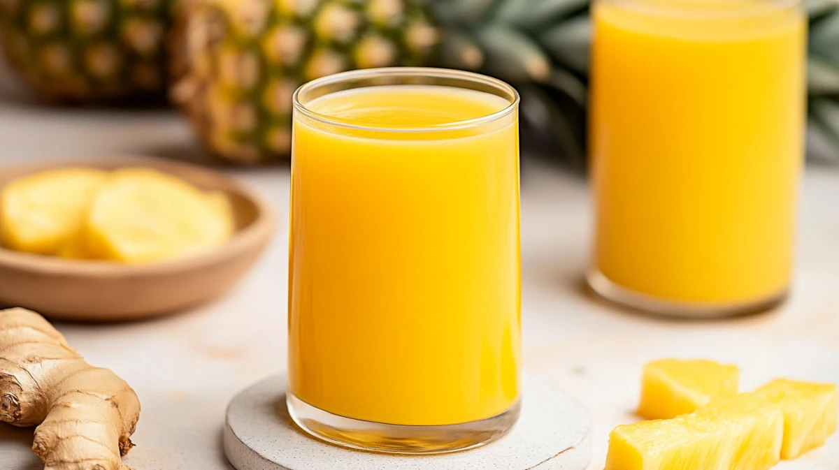 A glass of fresh pineapple ginger juice with vibrant yellow color, placed on a white coaster, surrounded by fresh pineapple slices and ginger root.