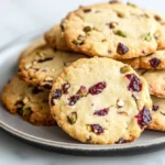 A plate of golden cranberry pistachio shortbread cookies, each studded with chopped pistachios and dried cranberries.