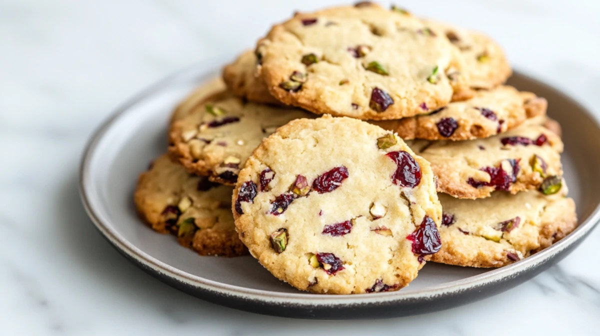 A plate of golden cranberry pistachio shortbread cookies, each studded with chopped pistachios and dried cranberries.