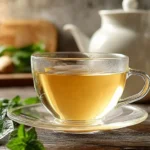 A clear glass mug of lemon balm and ginger tea on a wooden table with fresh lemon balm leaves and ginger root nearby