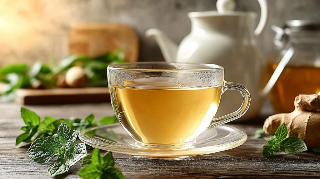 A clear glass mug of lemon balm and ginger tea on a wooden table with fresh lemon balm leaves and ginger root nearby
