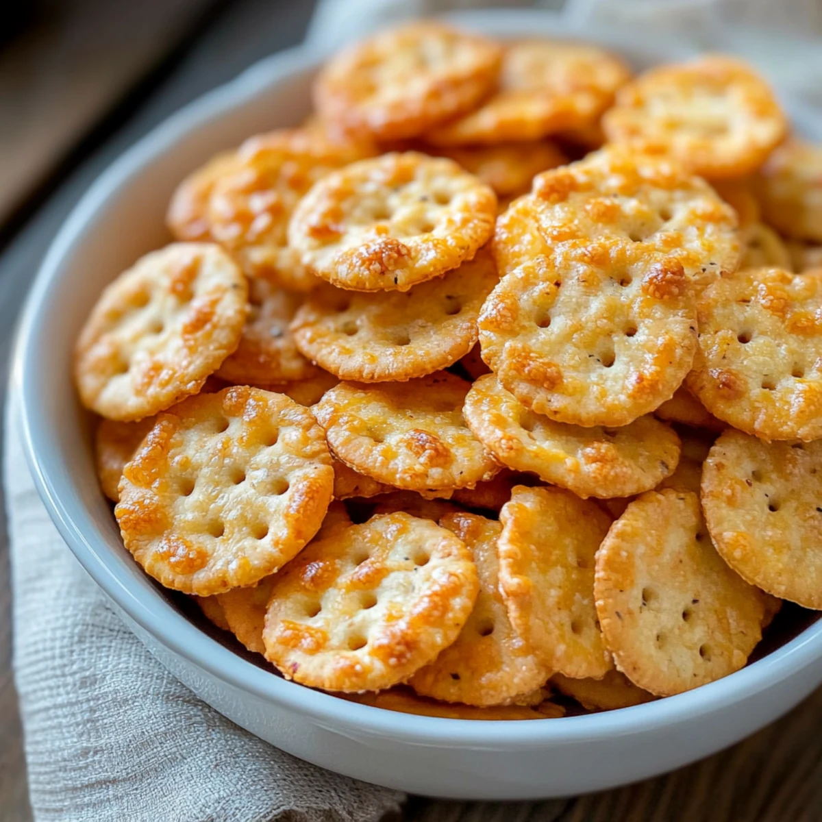 Homemade Southern cheese crackers stacked in a white bowl