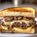 Swiss mushroom melt sandwich with sautéed mushrooms and melted cheese on grilled sourdough