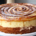 Cinnamon roll honeybun cheesecake with a thick graham cracker crust, creamy cheesecake filling, and a glossy cinnamon swirl baked into the top, dusted with powdered sugar.