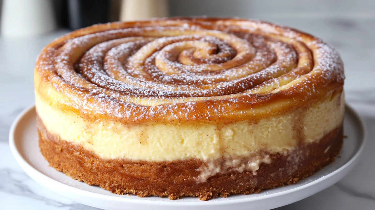 Cinnamon roll honeybun cheesecake with a thick graham cracker crust, creamy cheesecake filling, and a glossy cinnamon swirl baked into the top, dusted with powdered sugar.
