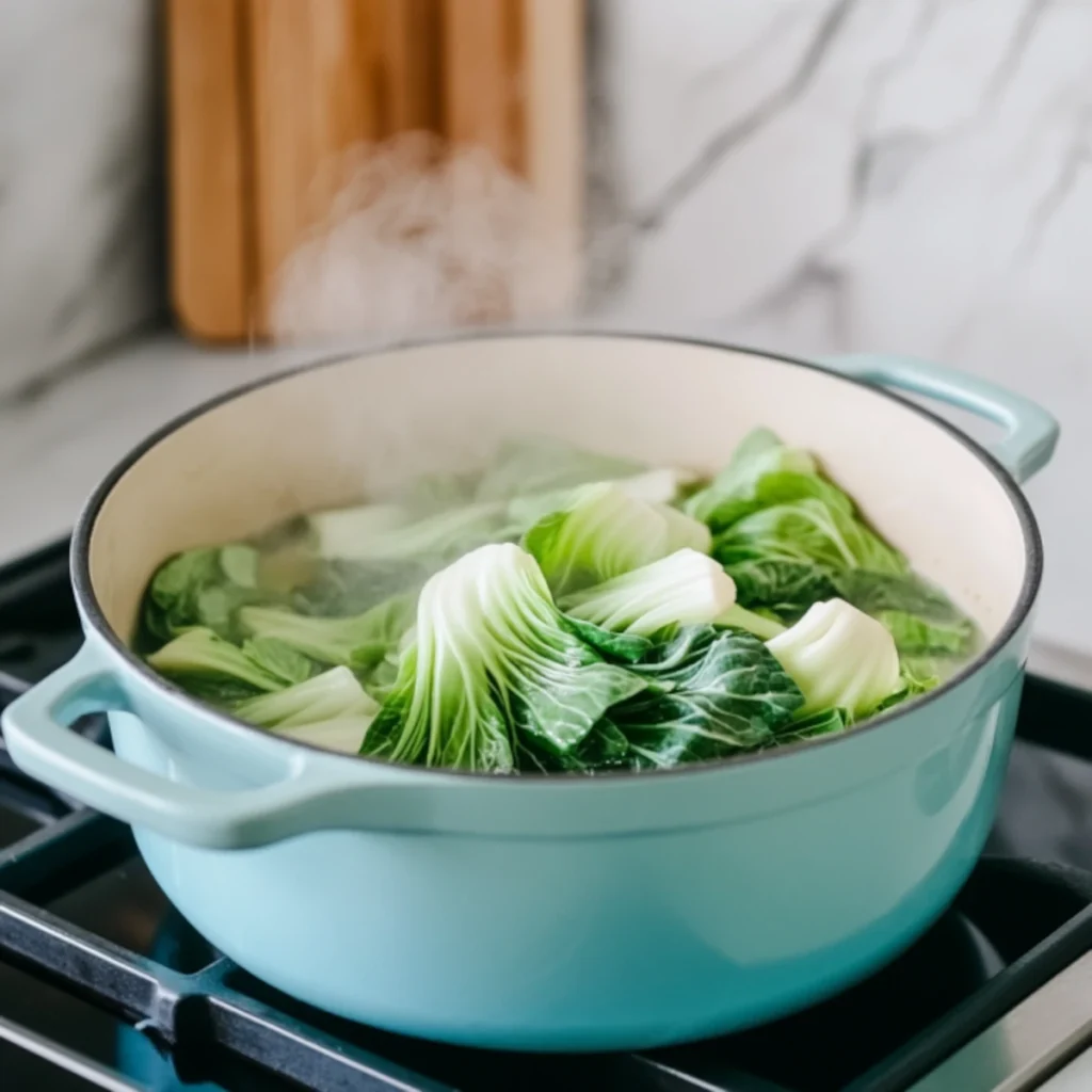 Baby bok choy simmering in a light blue pot over the stove with gentle steam rising