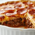 Close-up of a freshly baked deep hamburger sausage & pepperoni pie with melted cheese, crispy turkey pepperoni, and a golden pie crust in a white dish.