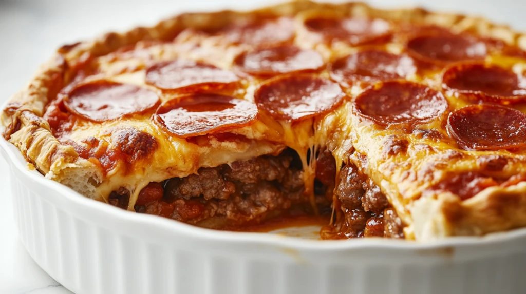Close-up of a freshly baked deep hamburger sausage & pepperoni pie with melted cheese, crispy turkey pepperoni, and a golden pie crust in a white dish.