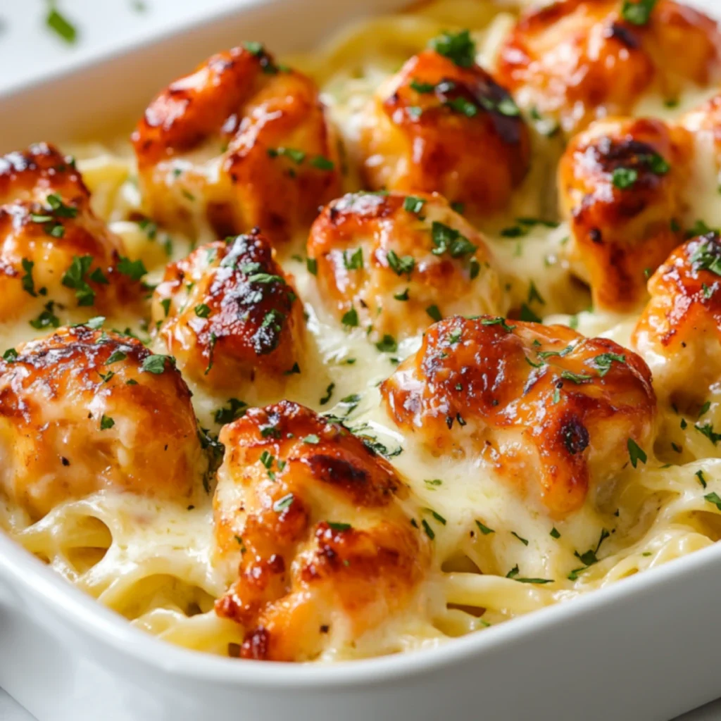 A white baking dish filled with garlic butter chicken bites with creamy parmesan pasta, garnished with fresh parsley.
