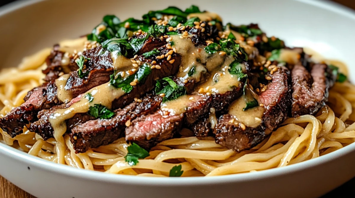 Garlic butter steak lightning noodles with juicy sliced steak, glossy garlic butter sauce, and noodles, topped with parsley and sesame seeds.