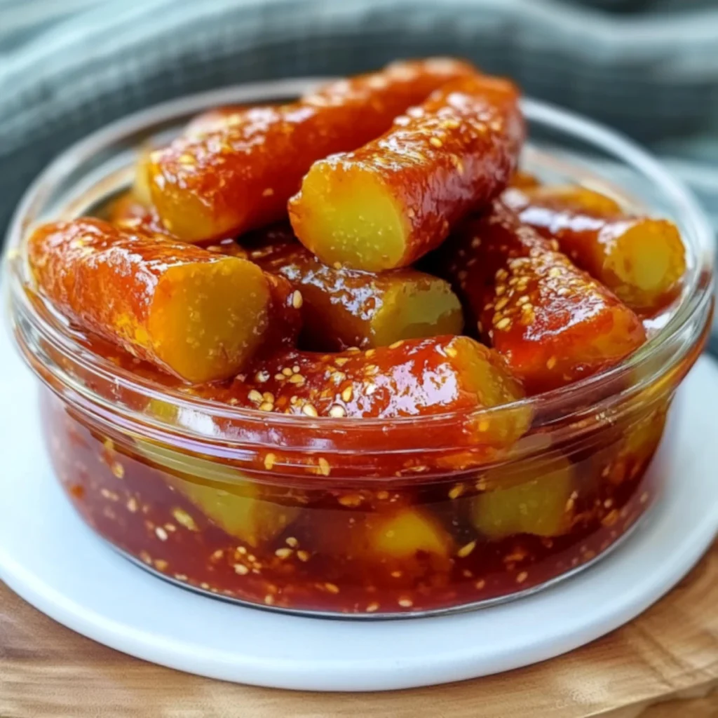 Chamoy-coated pickles in a glass dish with sesame seeds