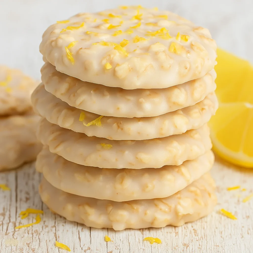 stack of lemon no-bake oatmeal cookies with white chocolate glaze and lemon zest on top, rustic wood surface
