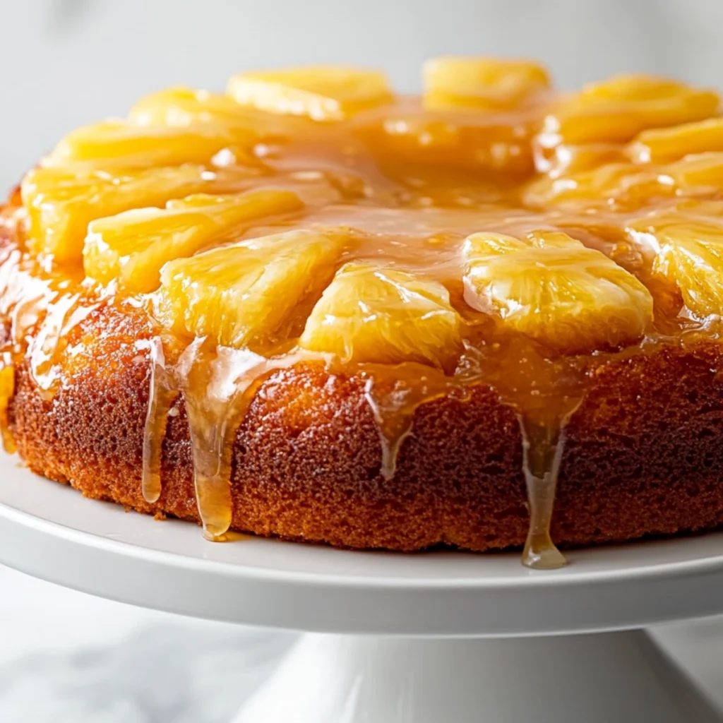 Sticky pineapple juice cake with glazed pineapple slices dripping over a golden cake