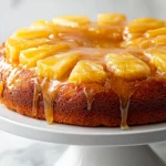 Sticky pineapple juice cake with glazed pineapple slices dripping over a golden cake