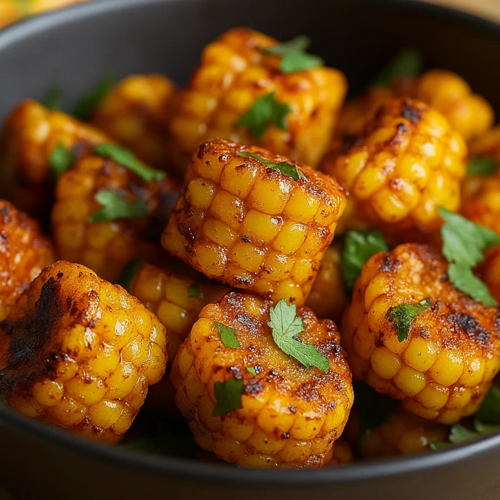 Close-up of spicy Mexican corn bites charred and garnished with cilantro in a black bowl