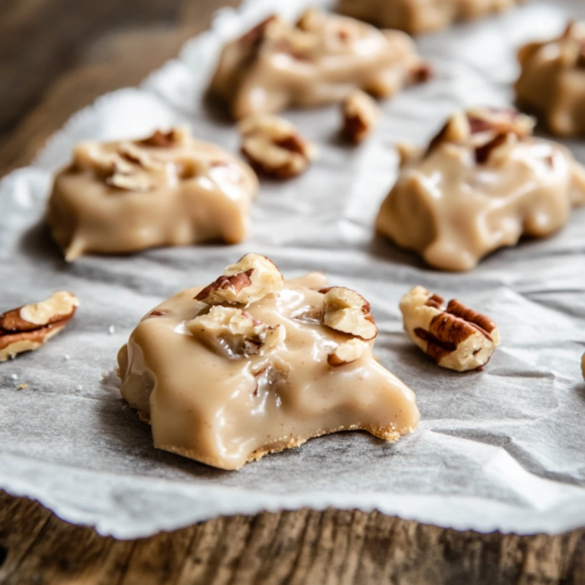 Southern-style vanilla pecan pralines cooling on waxed paper