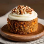 Mini carrot cake topped with cream cheese frosting and chopped pecans on a wooden plate